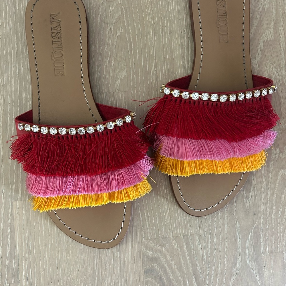 Mystique Boutique Red Pink Yellow Fringe Slide Sandals
